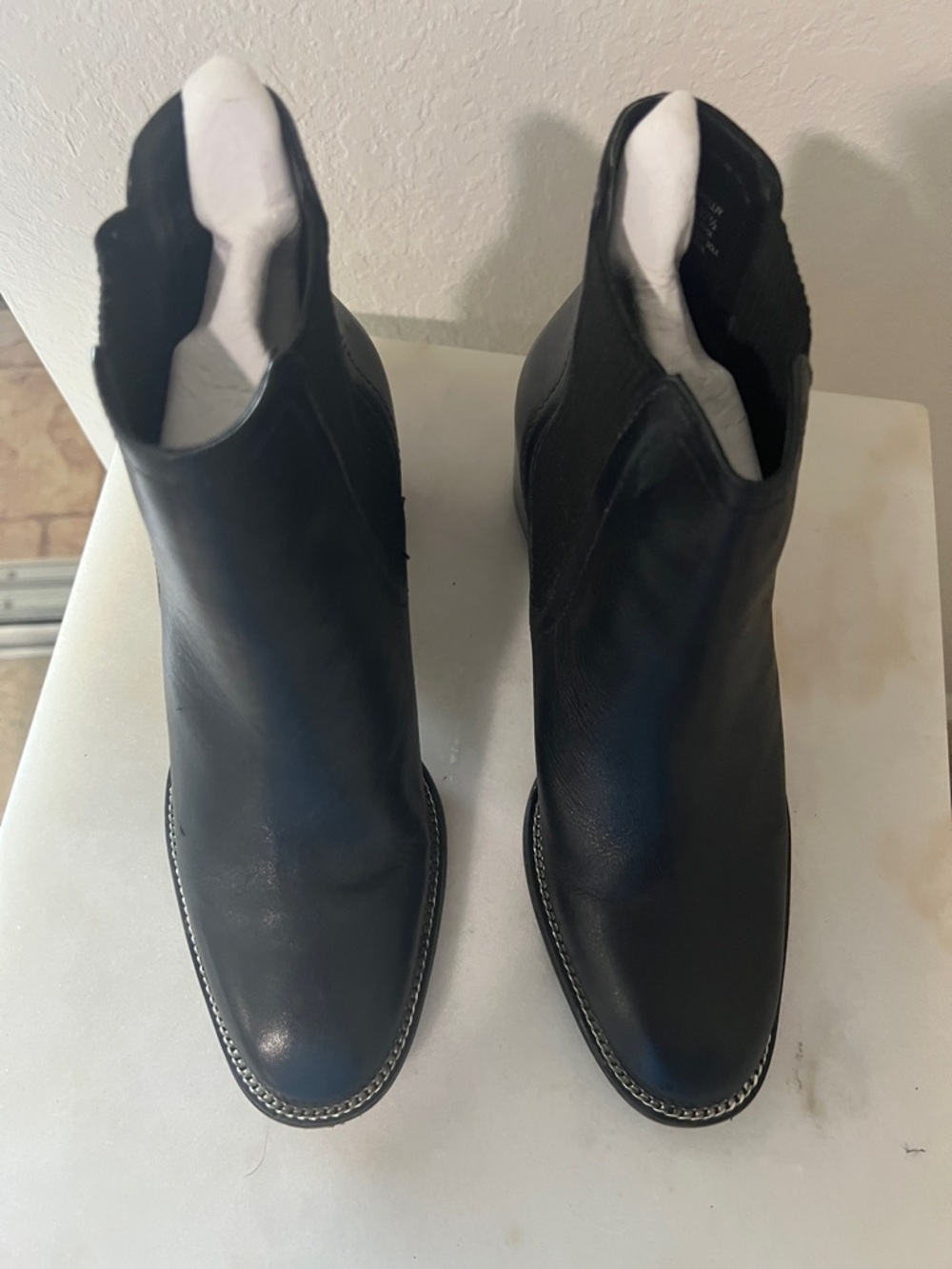 Vince Camuto Black Leather Pointed Ankle Booties with Chain-Trim